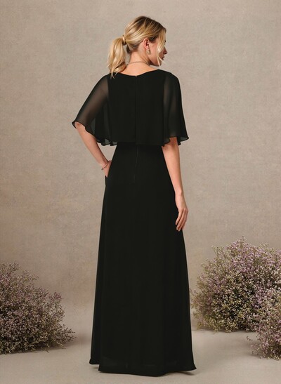 A-Line Scoop Neck 1/2 Sleeves Floor-Length Chiffon Bridesmaid Dresses