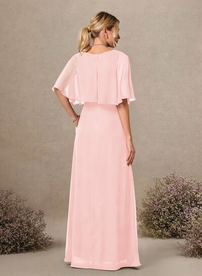 A-Line Scoop Neck 1/2 Sleeves Floor-Length Chiffon Bridesmaid Dresses