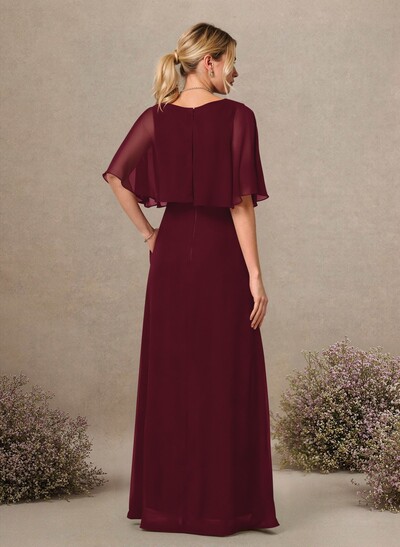 A-Line Scoop Neck 1/2 Sleeves Floor-Length Chiffon Bridesmaid Dresses