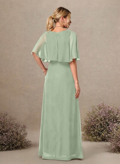 A-Line Scoop Neck 1/2 Sleeves Floor-Length Chiffon Bridesmaid Dresses