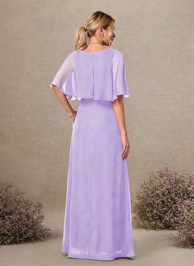 A-Line Scoop Neck 1/2 Sleeves Floor-Length Chiffon Bridesmaid Dresses