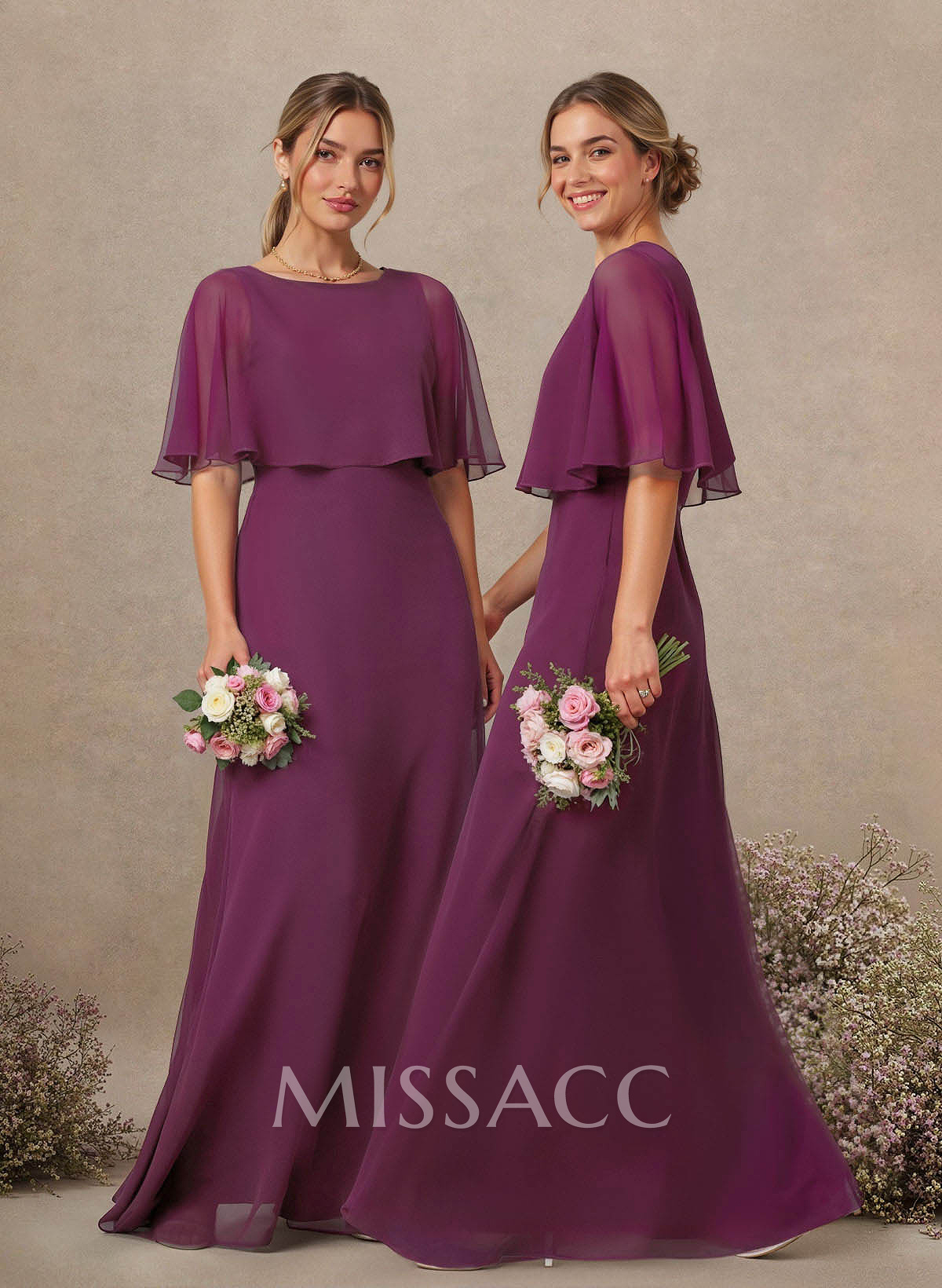 A-Line Scoop Neck 1/2 Sleeves Floor-Length Chiffon Bridesmaid Dresses A-Line Scoop Neck 1/2 Sleeves Floor-Length Chiffon Bridesmaid Dresses