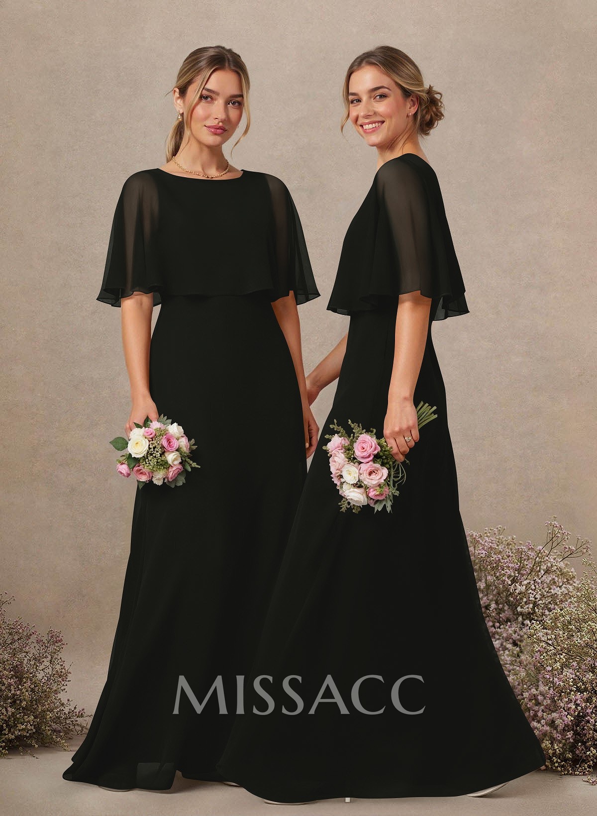 A-Line Scoop Neck 1/2 Sleeves Floor-Length Chiffon Bridesmaid Dresses