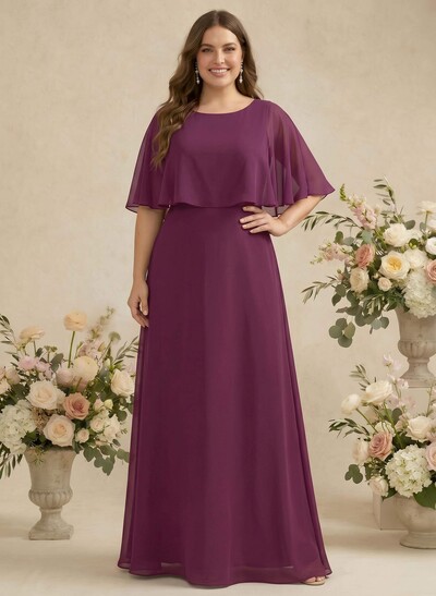 A-Line Scoop Neck 1/2 Sleeves Floor-Length Chiffon Bridesmaid Dresses