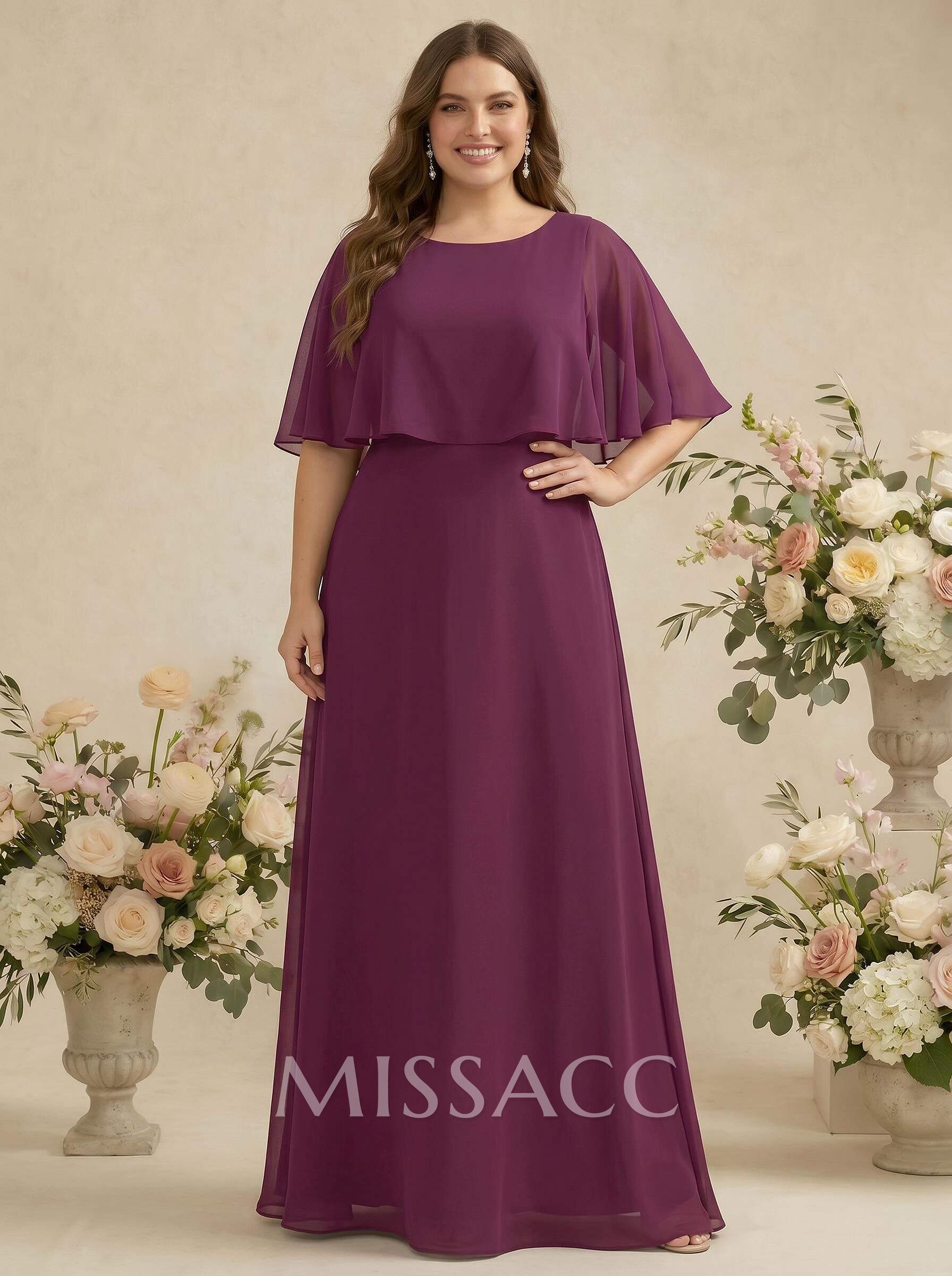 A-Line Scoop Neck 1/2 Sleeves Floor-Length Chiffon Bridesmaid Dresses