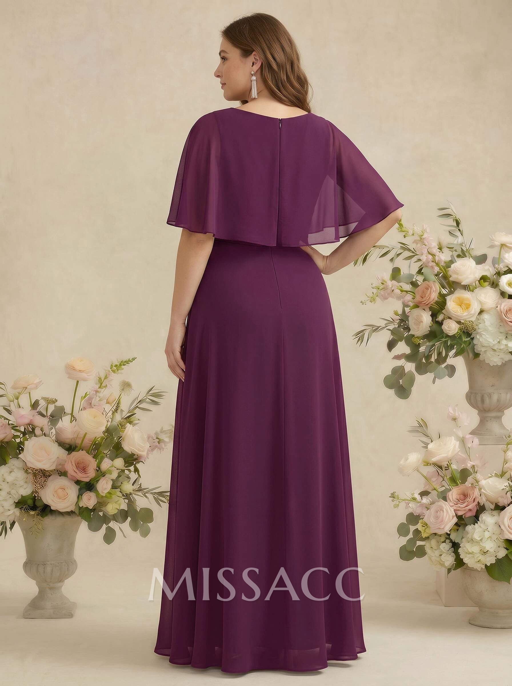 A-Line Scoop Neck 1/2 Sleeves Floor-Length Chiffon Bridesmaid Dresses