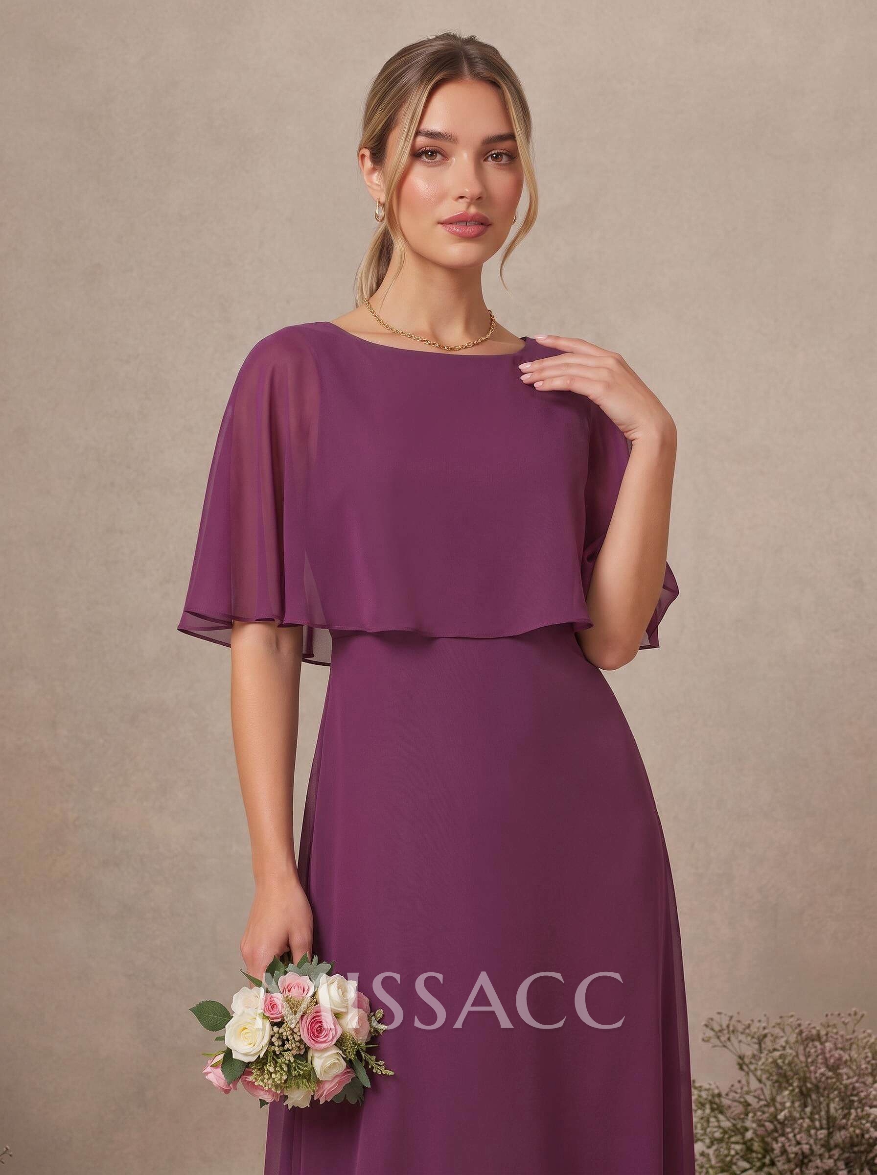 A-Line Scoop Neck 1/2 Sleeves Floor-Length Chiffon Bridesmaid Dresses