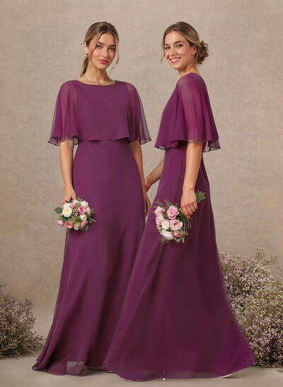 A-Line Scoop Neck 1/2 Sleeves Floor-Length Chiffon Bridesmaid Dresses With Pockets