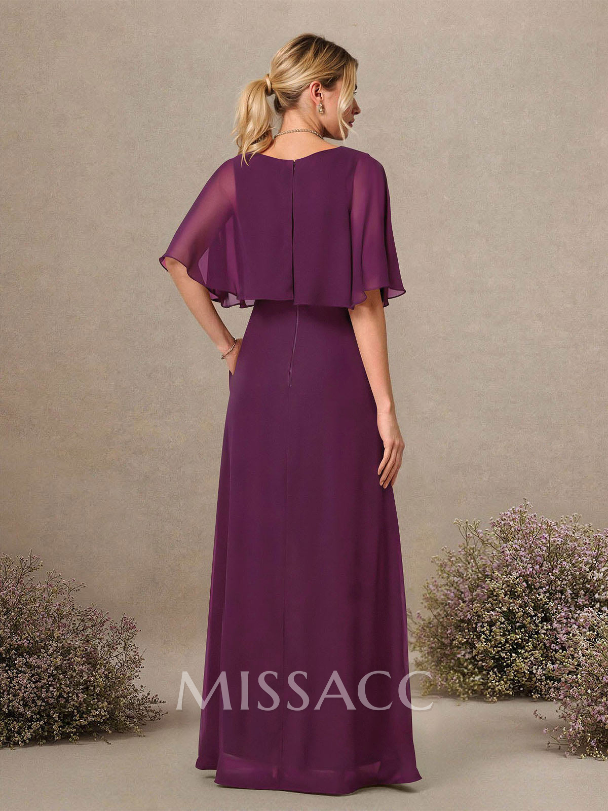 A-Line Scoop Neck 1/2 Sleeves Floor-Length Chiffon Bridesmaid Dresses With Pockets