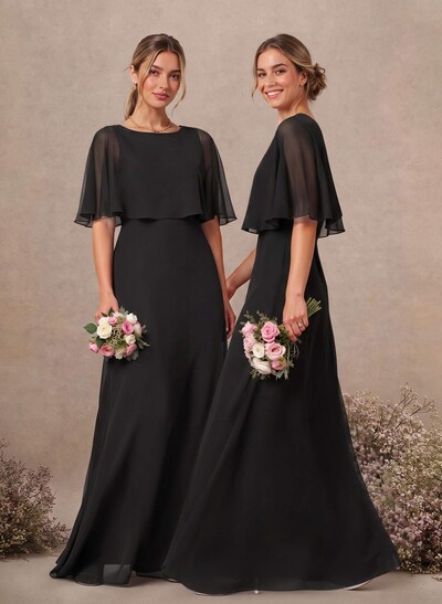 A-Line Scoop Neck 1/2 Sleeves Floor-Length Chiffon Bridesmaid Dresses With Pockets