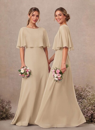 A-Line Scoop Neck Half Sleeve Maxi Chiffon Bridesmaid Dresses With Pockets