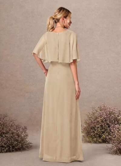A-Line Scoop Neck Half Sleeve Maxi Chiffon Bridesmaid Dresses With Pockets