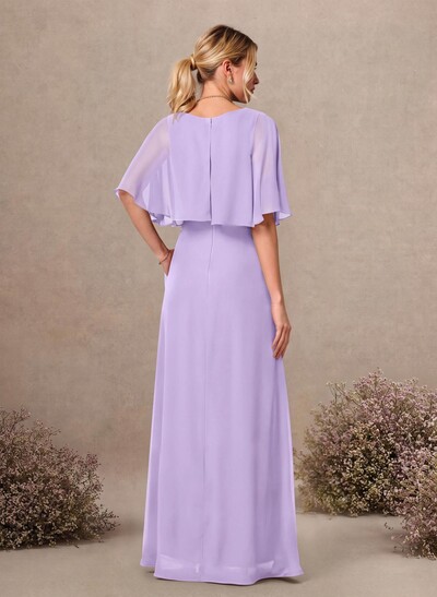 A-Line Scoop Neck Half Sleeve Floor-Length Chiffon Bridesmaid Dresses With Pockets