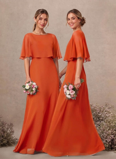 A-Line Scoop Neck 1/2 Sleeves Floor-Length Chiffon Bridesmaid Dresses With Pockets