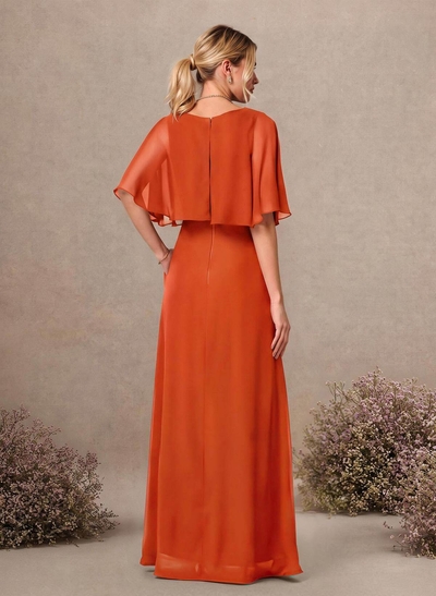 A-Line Scoop Neck 1/2 Sleeves Floor-Length Chiffon Bridesmaid Dresses With Pockets
