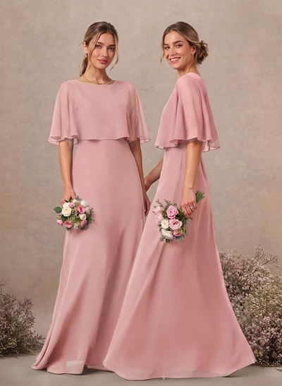 A-Line Scoop Neck Half Sleeve Floor-Length Chiffon Bridesmaid Dresses With Pockets