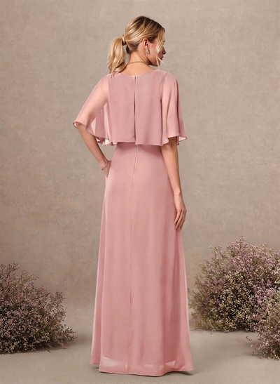 A-Line Scoop Neck Half Sleeve Floor-Length Chiffon Bridesmaid Dresses With Pockets