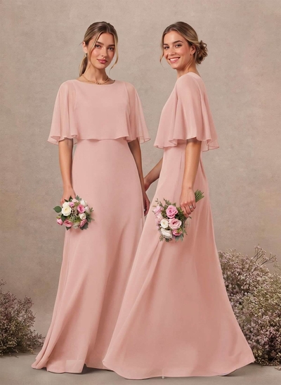 A-Line Scoop Neck 1/2 Sleeves Floor-Length Chiffon Bridesmaid Dresses With Pockets