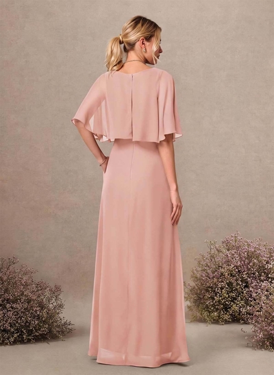 A-Line Scoop Neck 1/2 Sleeves Floor-Length Chiffon Bridesmaid Dresses With Pockets