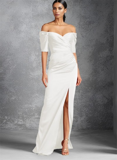 Sheath/Column Off-The-Shoulder Charmeuse Bridesmaid Dresses With Split Front