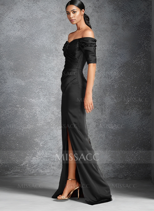 Sheath/Column Off-The-Shoulder Charmeuse Bridesmaid Dresses With Split Front