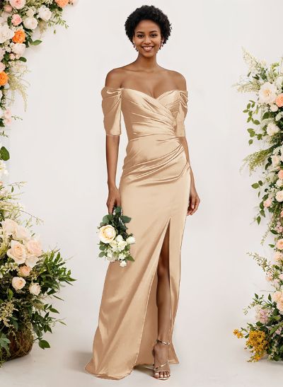 Sheath/Column Off-The-Shoulder Charmeuse Bridesmaid Dresses With Split Front