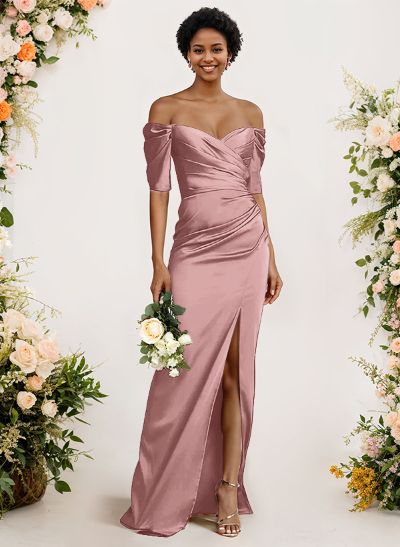 Sheath/Column Off-The-Shoulder Charmeuse Bridesmaid Dresses With Split Front