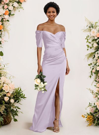 Sheath/Column Off-The-Shoulder Charmeuse Bridesmaid Dresses With Split Front