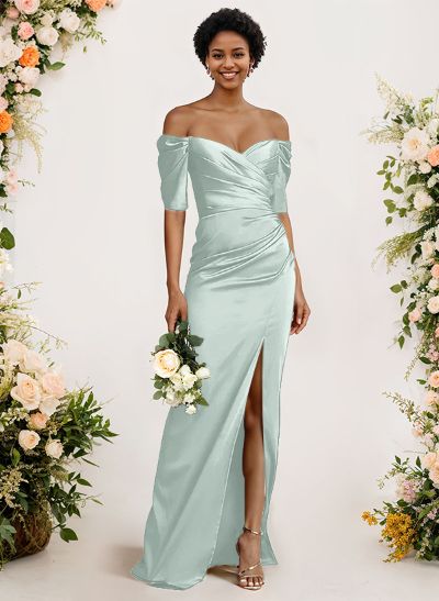 Sheath/Column Off-The-Shoulder Charmeuse Bridesmaid Dresses With Split Front