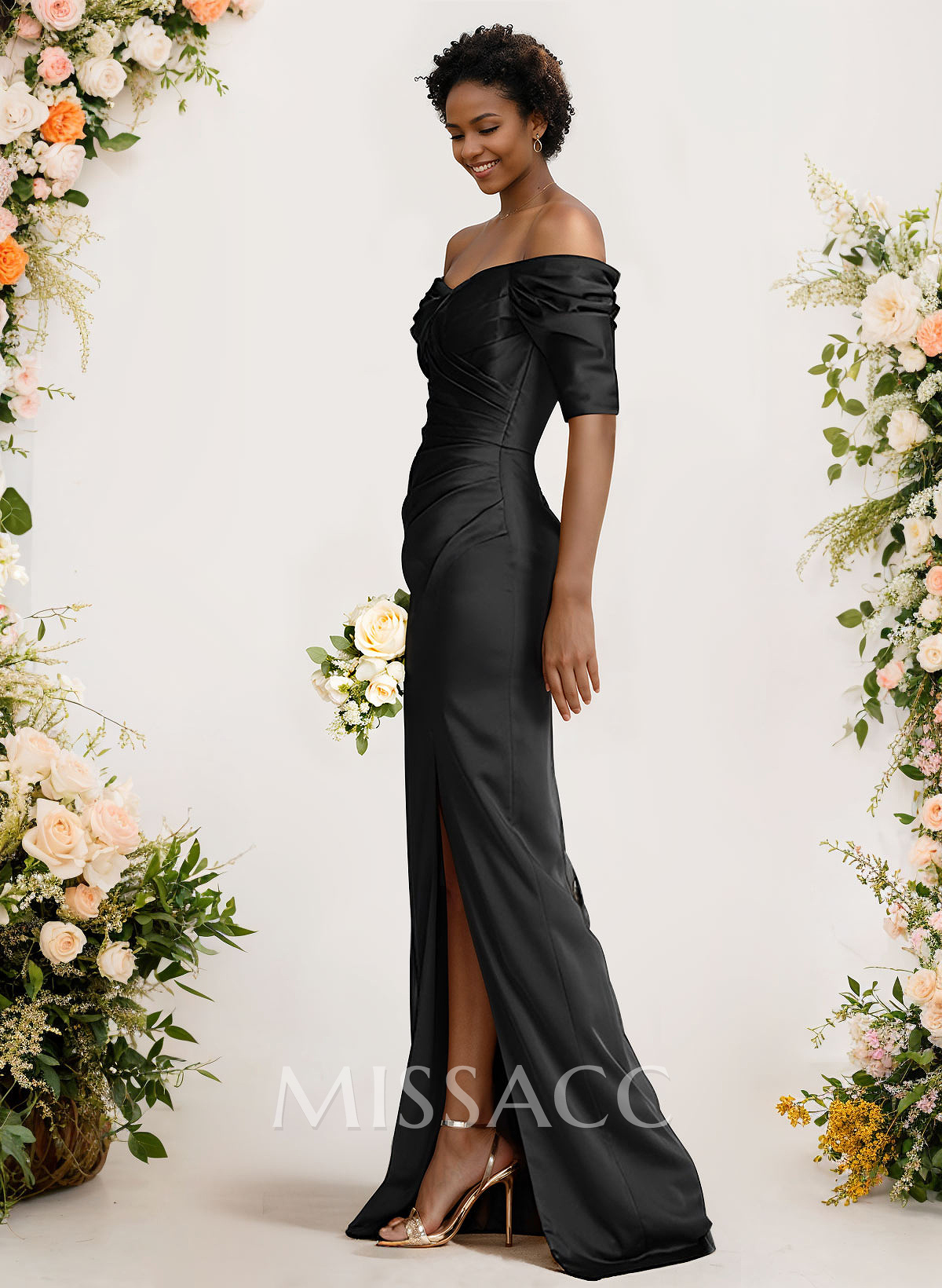 Sheath/Column Off-The-Shoulder Charmeuse Bridesmaid Dresses With Split Front Sheath/Column Off-The-Shoulder Charmeuse Bridesmaid Dresses With Split Front