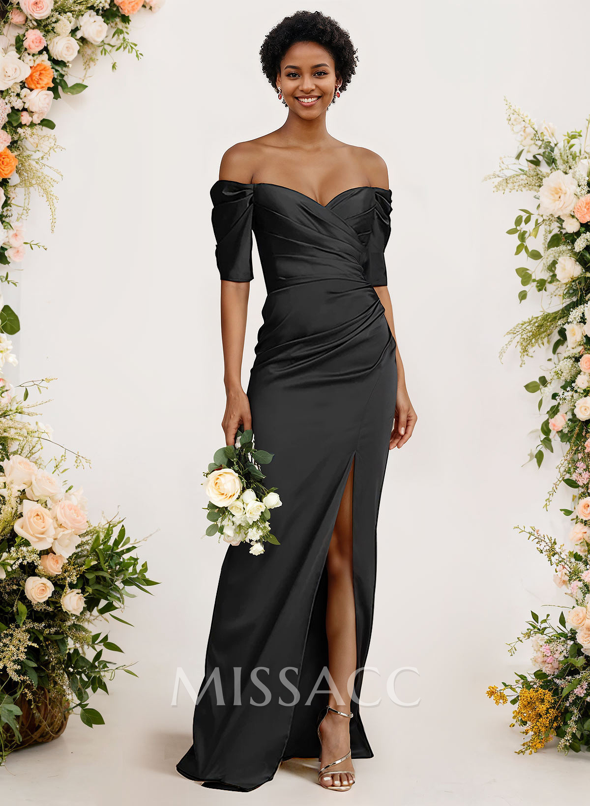 Sheath/Column Off-The-Shoulder Charmeuse Bridesmaid Dresses With Split Front Sheath/Column Off-The-Shoulder Charmeuse Bridesmaid Dresses With Split Front