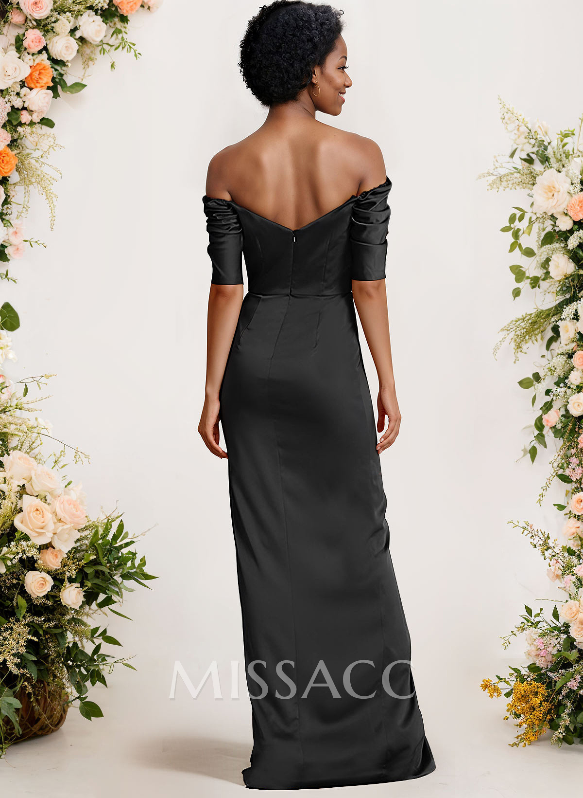 Sheath/Column Off-The-Shoulder Charmeuse Bridesmaid Dresses With Split Front Sheath/Column Off-The-Shoulder Charmeuse Bridesmaid Dresses With Split Front
