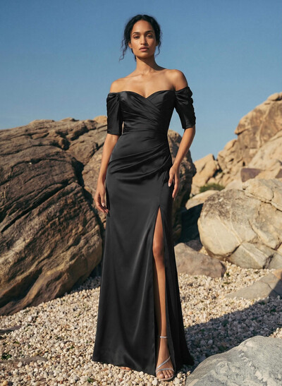 Sheath/Column Off-The-Shoulder Charmeuse Bridesmaid Dresses With Split Front