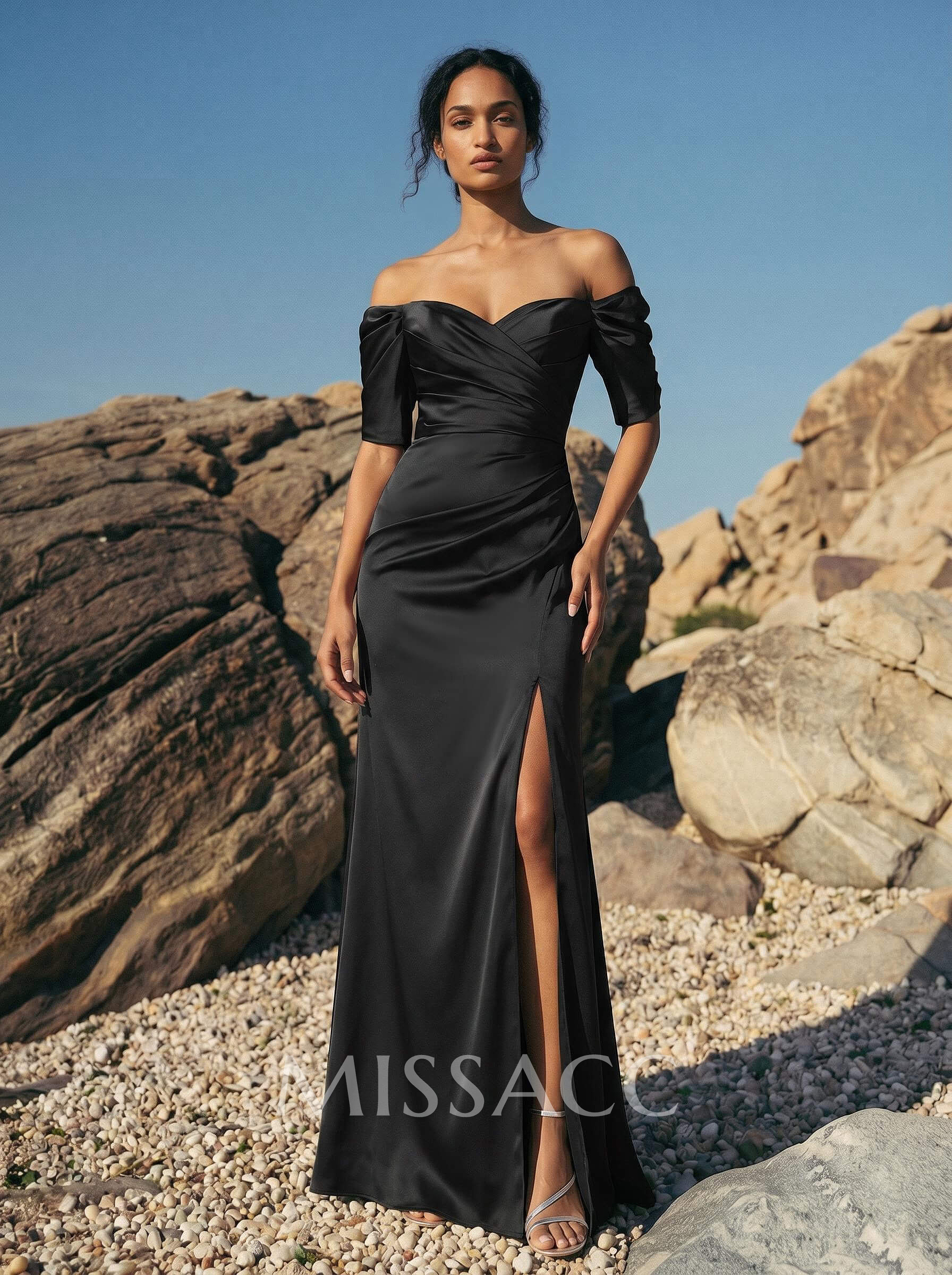 Sheath/Column Off-The-Shoulder Charmeuse Bridesmaid Dresses With Split Front Sheath/Column Off-The-Shoulder Charmeuse Bridesmaid Dresses With Split Front