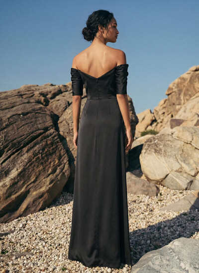 Sheath/Column Off-The-Shoulder Charmeuse Bridesmaid Dresses With Split Front