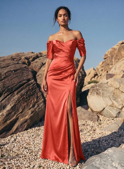 Sheath/Column Off-The-Shoulder Charmeuse Bridesmaid Dresses With Split Front