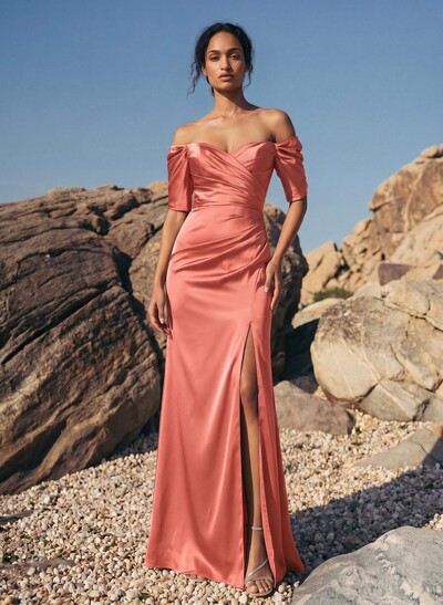 Sheath/Column Off-The-Shoulder Charmeuse Bridesmaid Dresses With Split Front