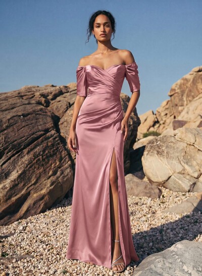 Sheath/Column Off-The-Shoulder Charmeuse Bridesmaid Dresses With Split Front