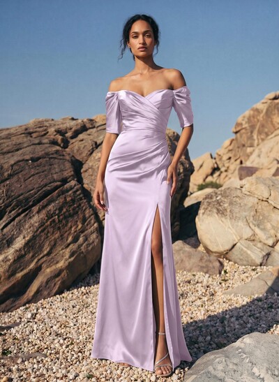 Sheath/Column Off-The-Shoulder Charmeuse Bridesmaid Dresses With Split Front