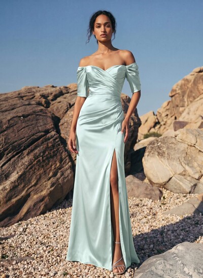 Sheath/Column Off-The-Shoulder Charmeuse Bridesmaid Dresses With Split Front