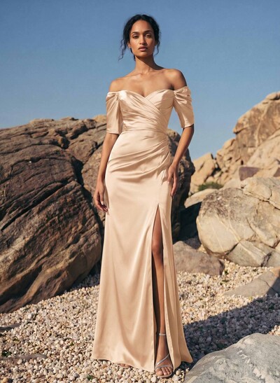 Sheath/Column Off-The-Shoulder Charmeuse Bridesmaid Dresses With Split Front