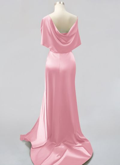 Whimsical Bow Wrap Asymmetric Silk Like Satin Bridesmaid Dresses With Front Slit