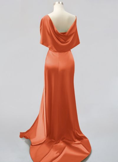 Whimsical Bow Wrap Asymmetric Silk Like Satin Bridesmaid Dresses With Front Slit