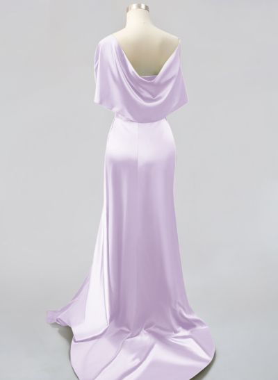 Whimsical Bow Wrap Asymmetric Silk Like Satin Bridesmaid Dresses With Front Slit