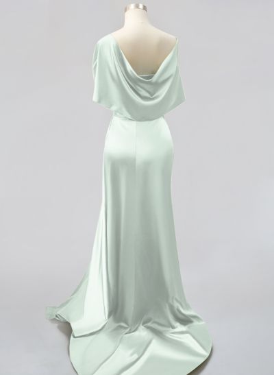 Whimsical Bow Wrap Asymmetric Silk Like Satin Bridesmaid Dresses With Front Slit