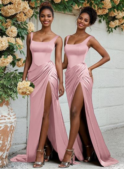 Sheath/Column Silk Like Satin Bridesmaid Dresses With Ruffle/High Split