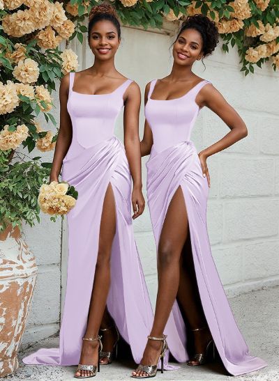 Sheath/Column Silk Like Satin Bridesmaid Dresses With Ruffle/High Split