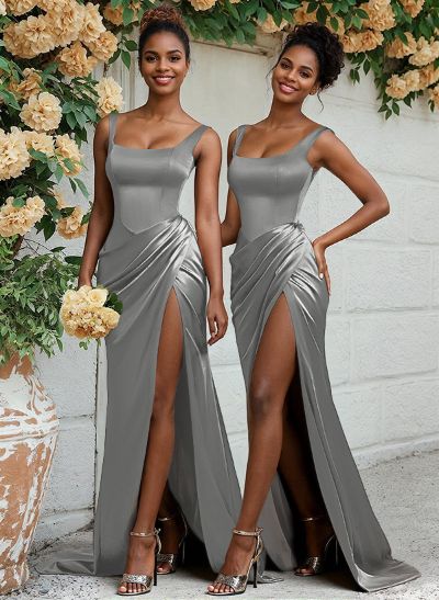 Sheath/Column Silk Like Satin Bridesmaid Dresses With Ruffle/High Split