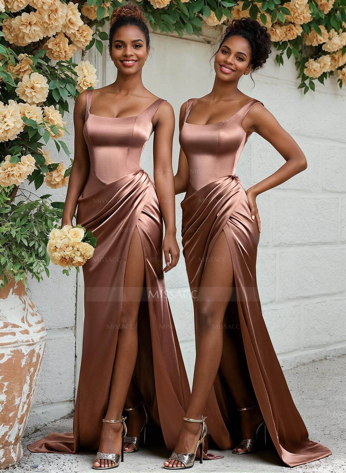 Sheath/Column Silk Like Satin Bridesmaid Dresses With Ruffle/High Split