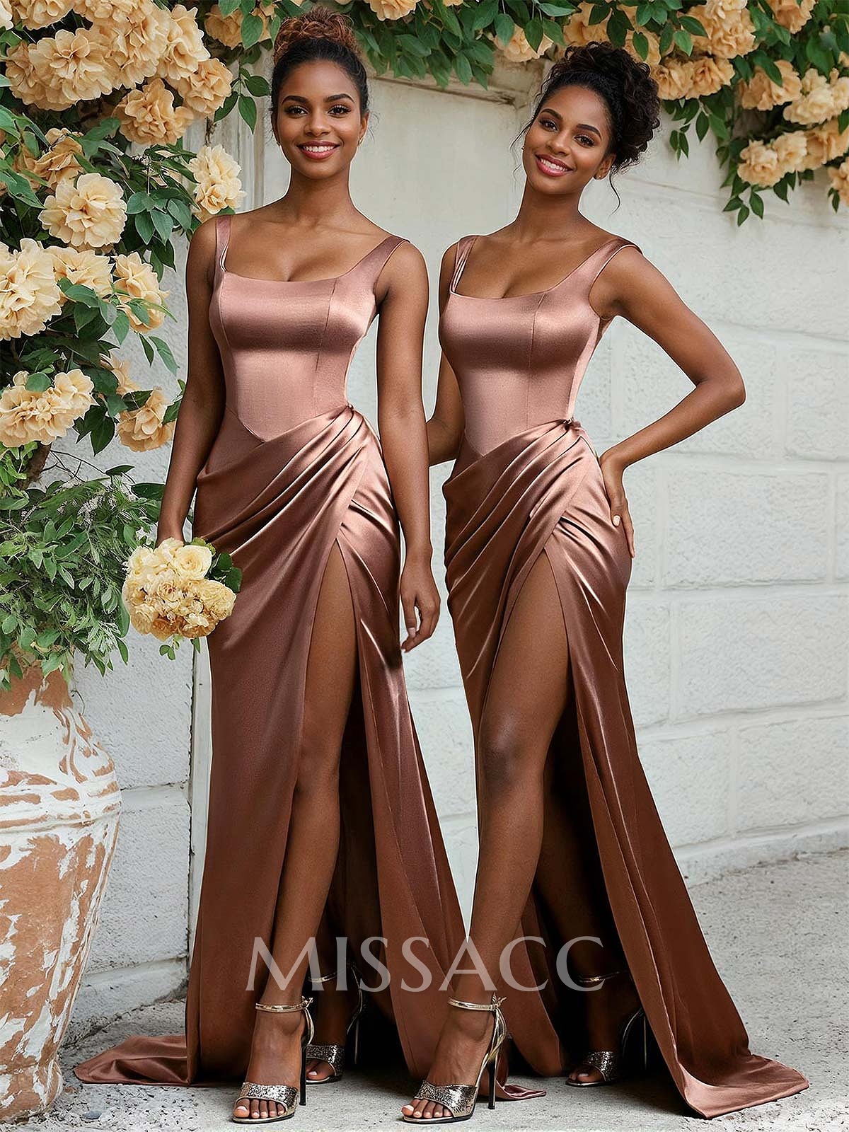 Sheath/Column Silk Like Satin Bridesmaid Dresses With Ruffle/High Split